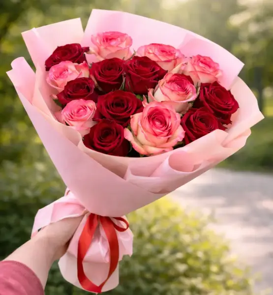 Букет из 15 красно розовых роз